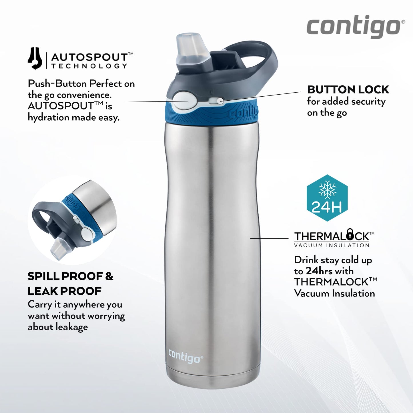 Contigo 49 Water Bottle Ashland Chill Silver 590ml
