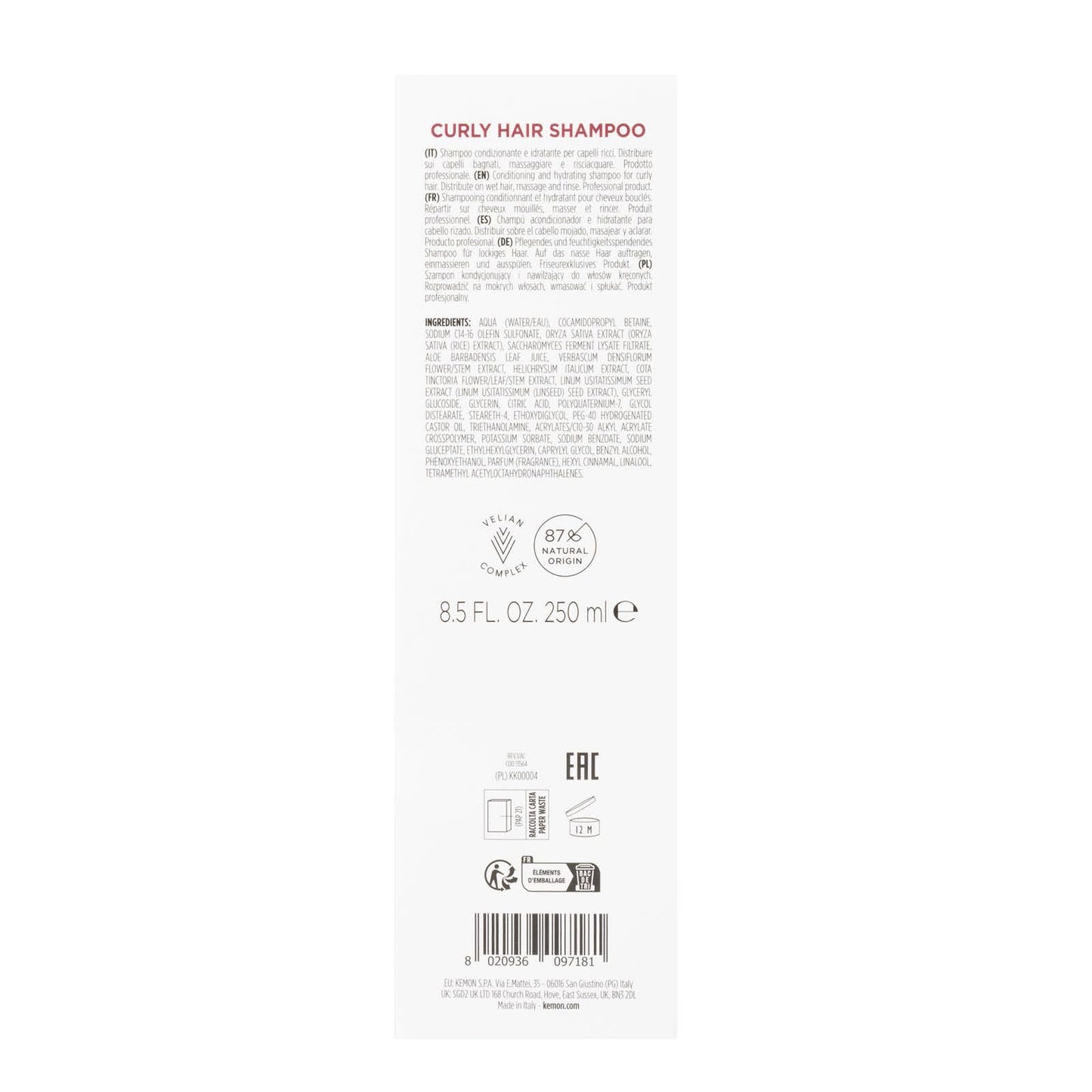 Kemon Curl Kit Shampoo 250ml + Cream 200ml
