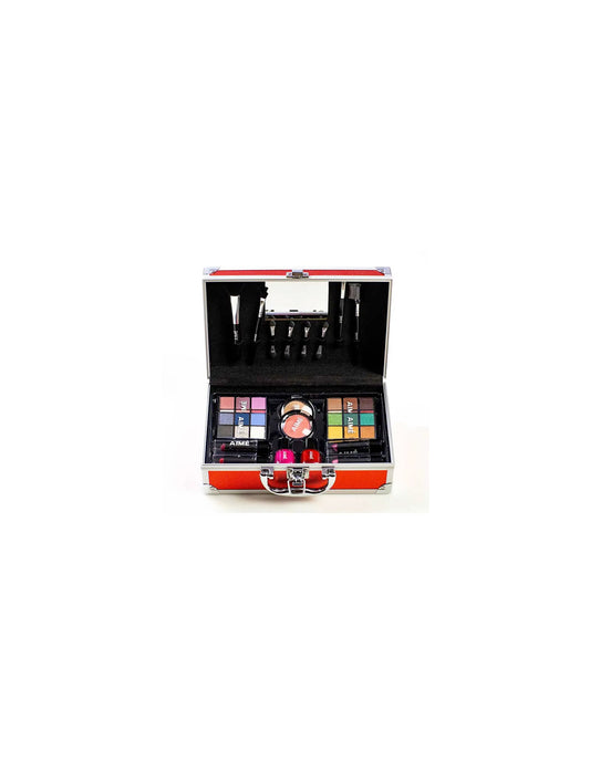 AIME BEAUTY MALETIN ROJO 24 SOMBRAS + PINCEL LABIOS + BROCHA + CEPILLO CEJAS